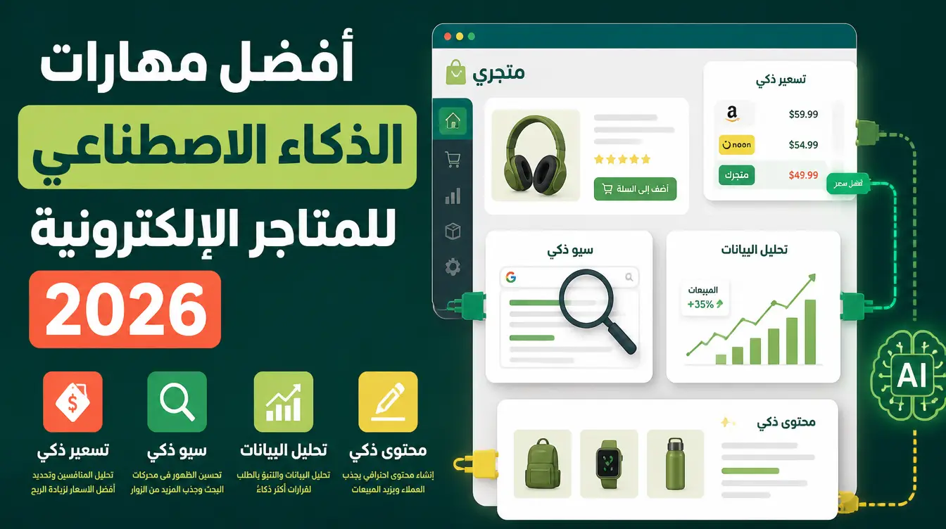أفضل مهارات الذكاء الاصطناعي للمتاجر الإلكترونية في 2026 (تسعير وسيو وبيانات ومحتوى)